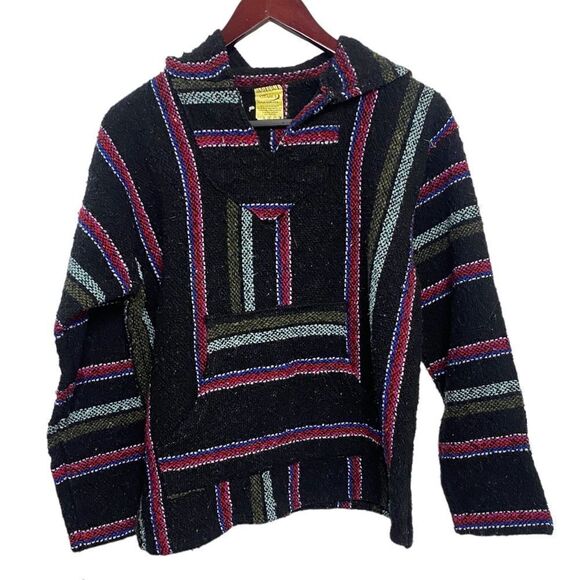 Frank's Textiles Striped Pancho Hoodie Black Medium - Picture 1 of 4